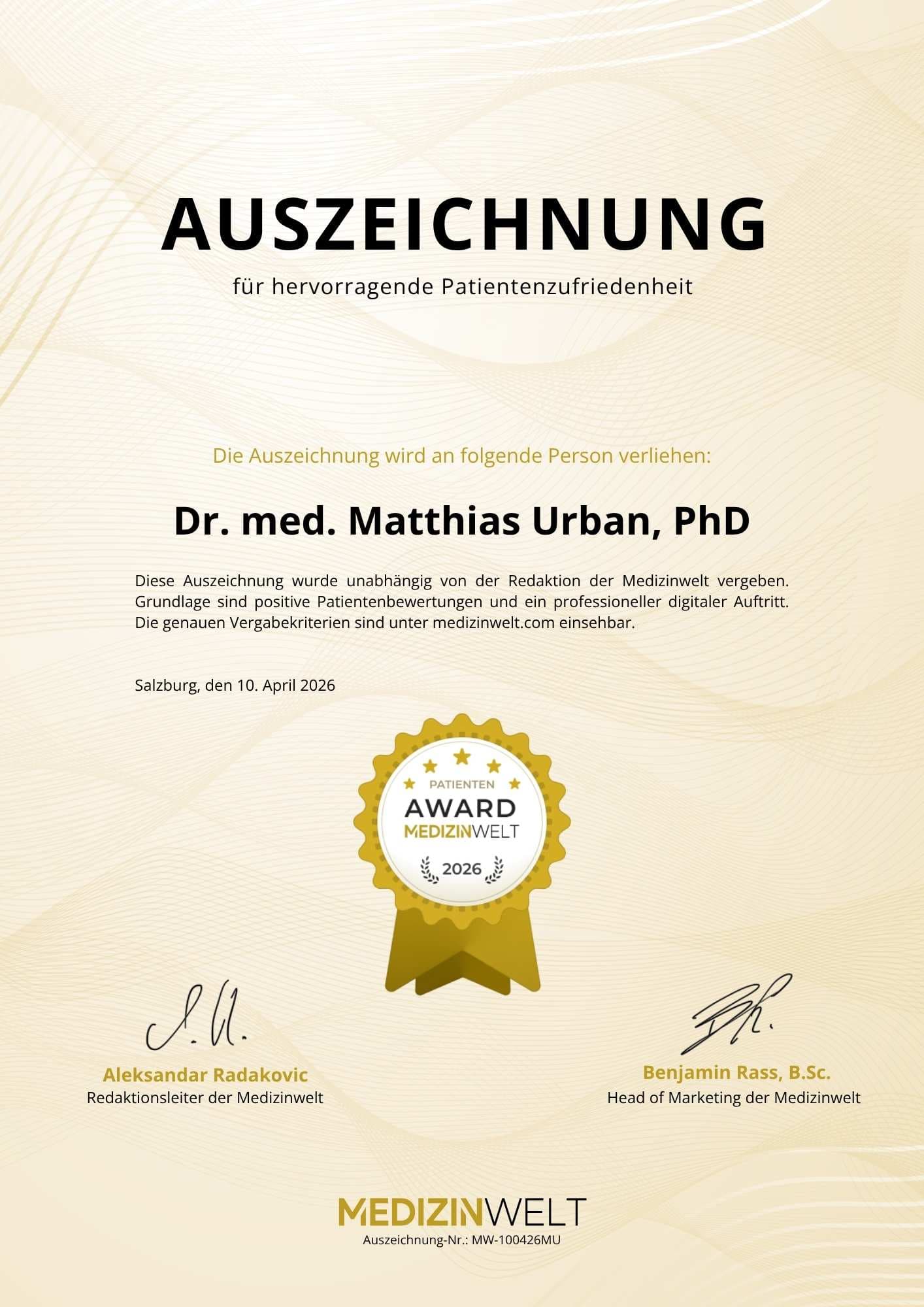 Dr. Matthias Urban – Auszeichnung Medizinwelt